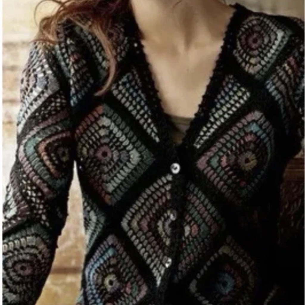 Peruvian Connection “ Stained Glass Cardigan” Crochet Granny Square Sweater S